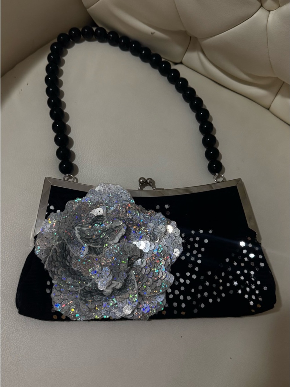 Twin-Set Black Evening Clutch with Silver Sequin Flower